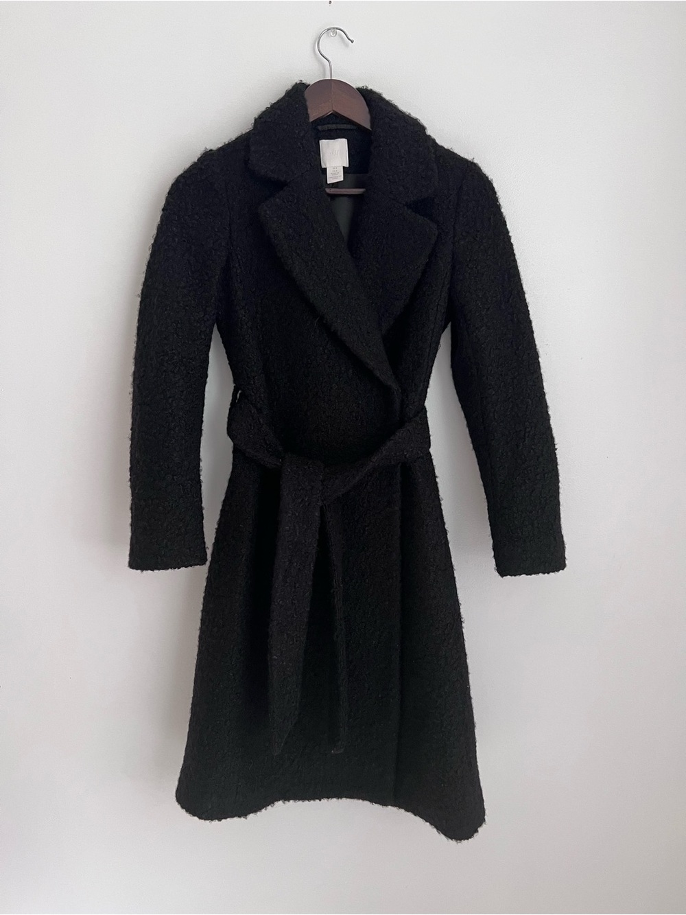 NEW H&M Black Belted Long Boucle Coat Size 0